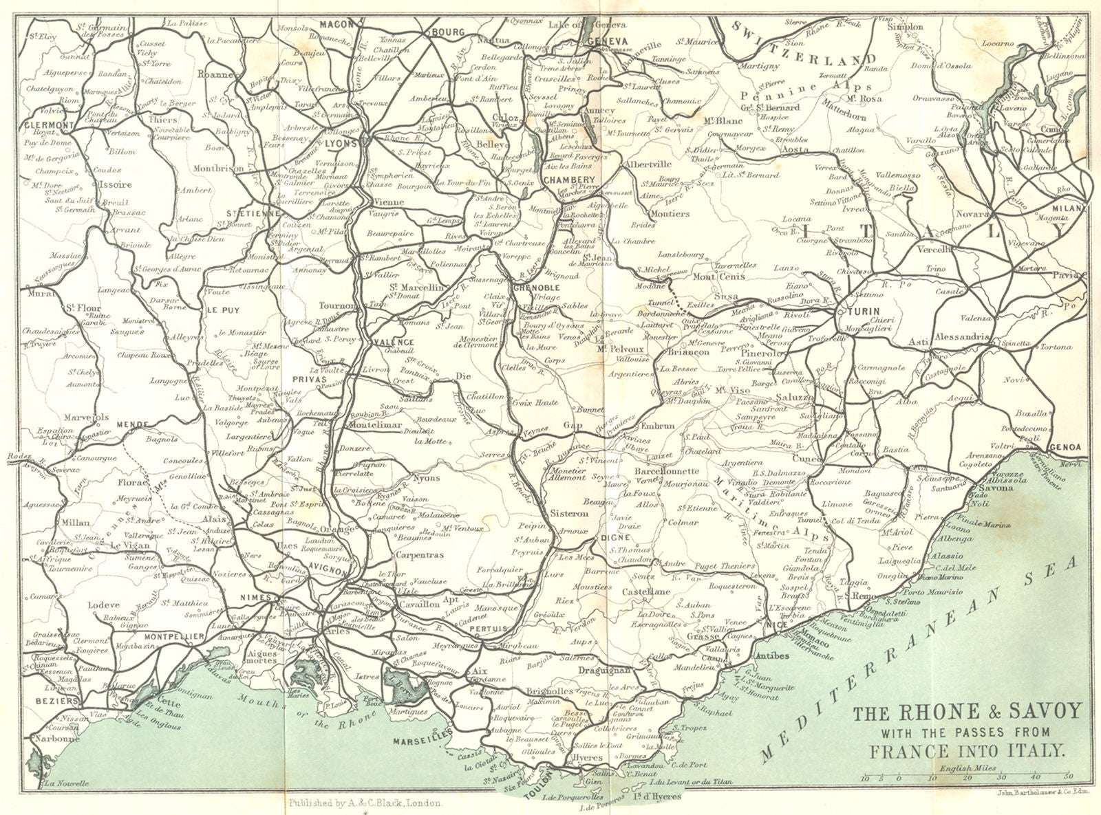 RHONE. & Savoy passes from France into Italy 1913 old antique map plan chart